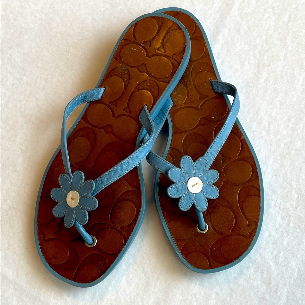 Coach Blue Daisy Leather Flip Flop Sandals